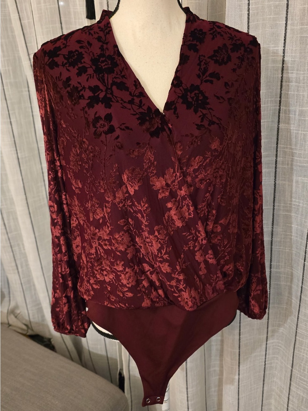LC Lauren Conrad Wine Floral Velvet Surplice Bodysuit